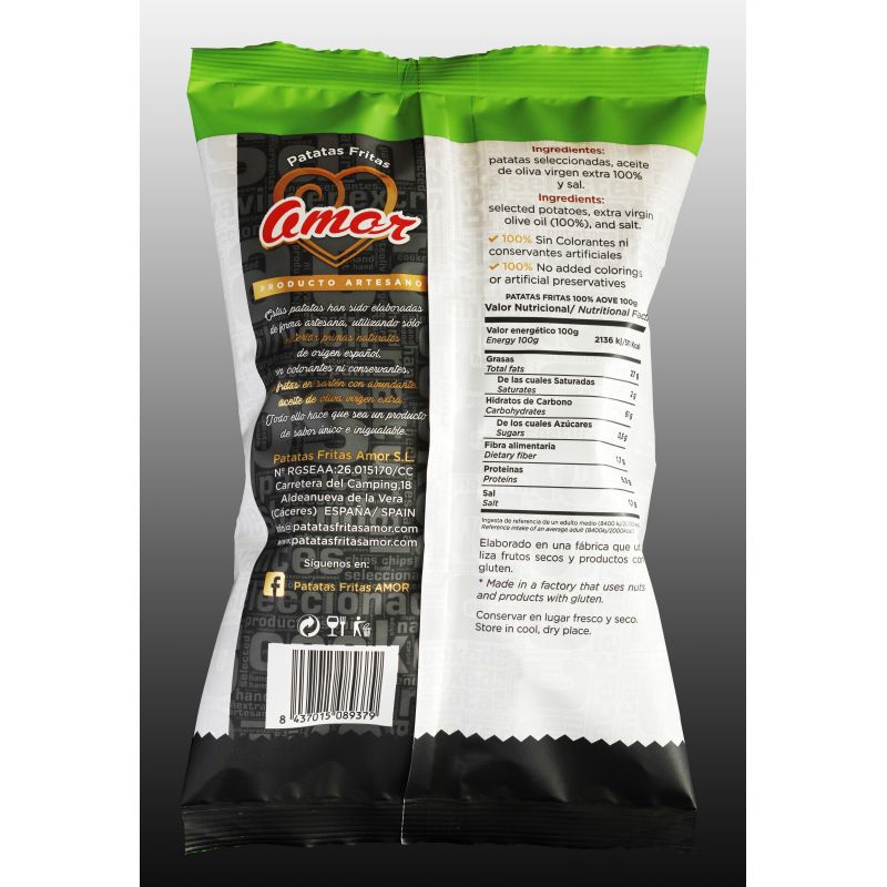 Estas patatas han sido fritas artesanalmente en Aceite de Oliva Virgen Extra 100%. se seleccionan manualmente y se miman para que conserven todo el sabor, se les añade el punto justo de sal, sin ningún otro aditivo o conservante artificial.
Se envasan en atmosfera protectora para que no pierdan nada de sabor y así puedan aguantar hasta su mesa como recien fritas, crujientes y con un auténtico sabor a aceite de oliva virgen extra. 
Las bolsas son de 100g y se venden en cajas de 10 unidades. Su caducidad es de un año.